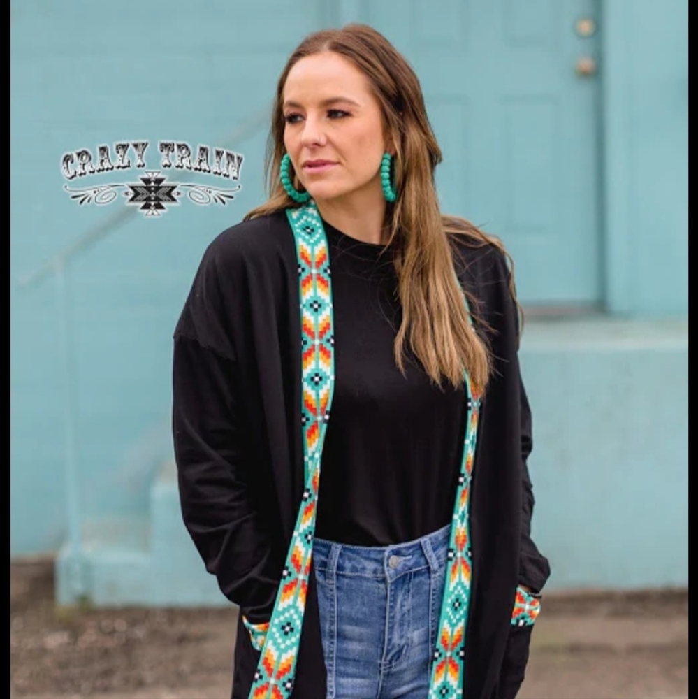 Crazy Train Black Cardigan with Multicolor Trim